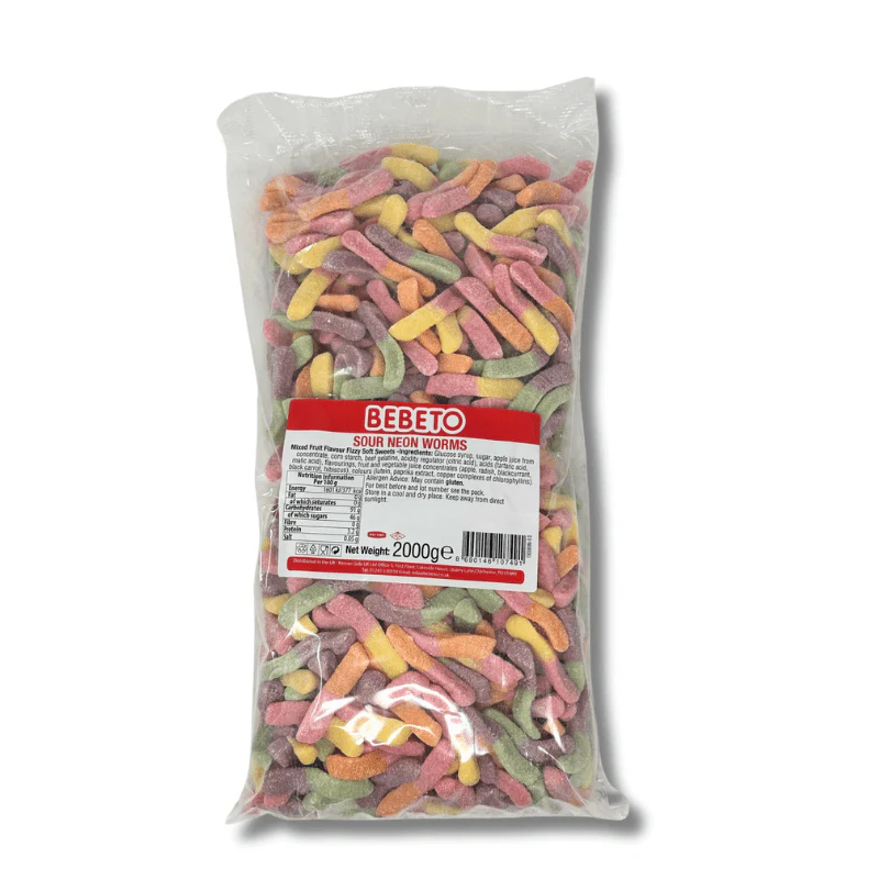 Bebeto Fizzy Sour Neon Worms Bag 2kg