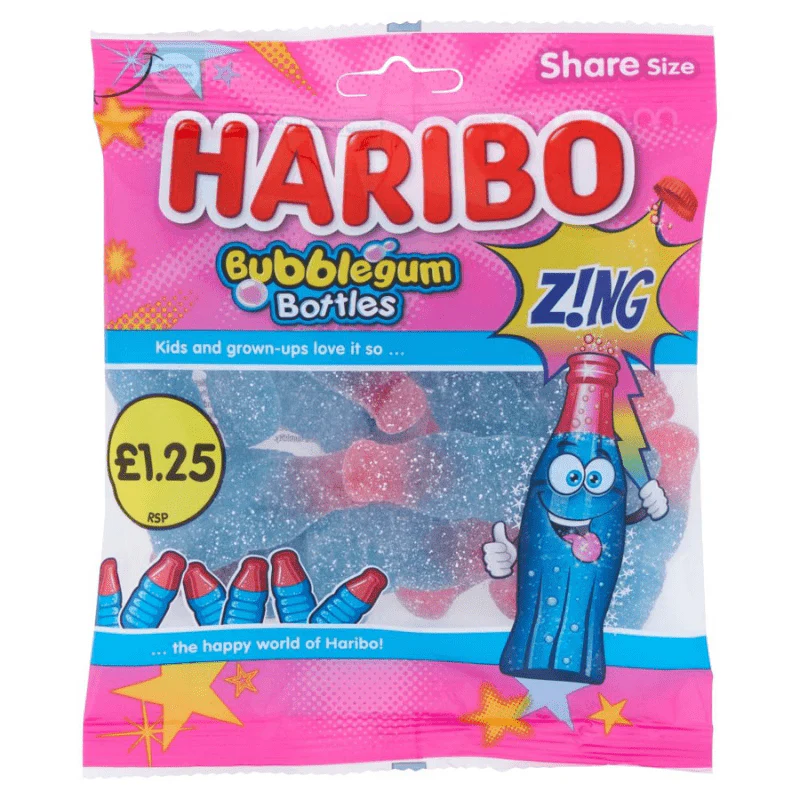 Haribo Bubblegum Bottles Zing Peg Bag 160g