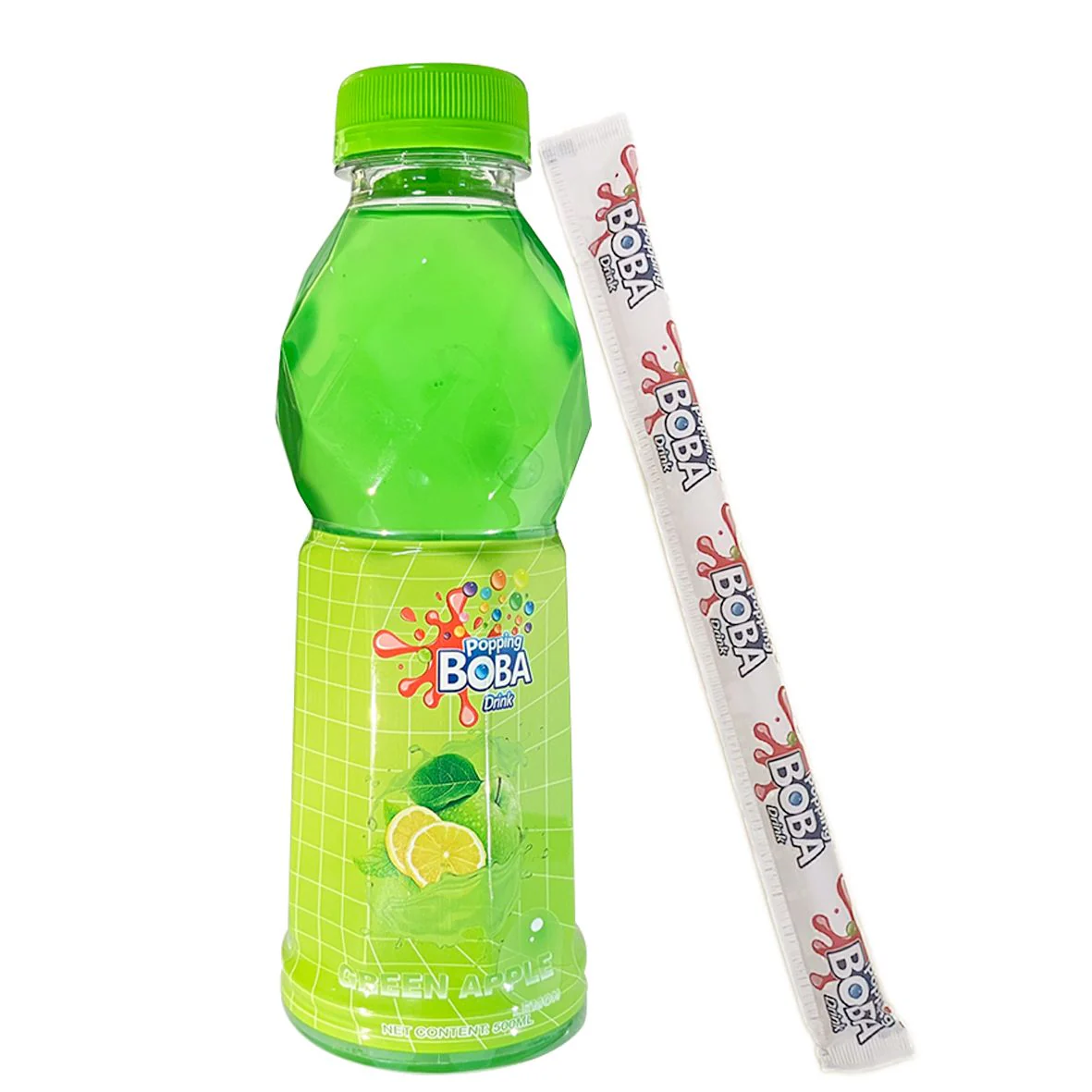 Popping Boba Green Apple Bottle With Straw 500ml