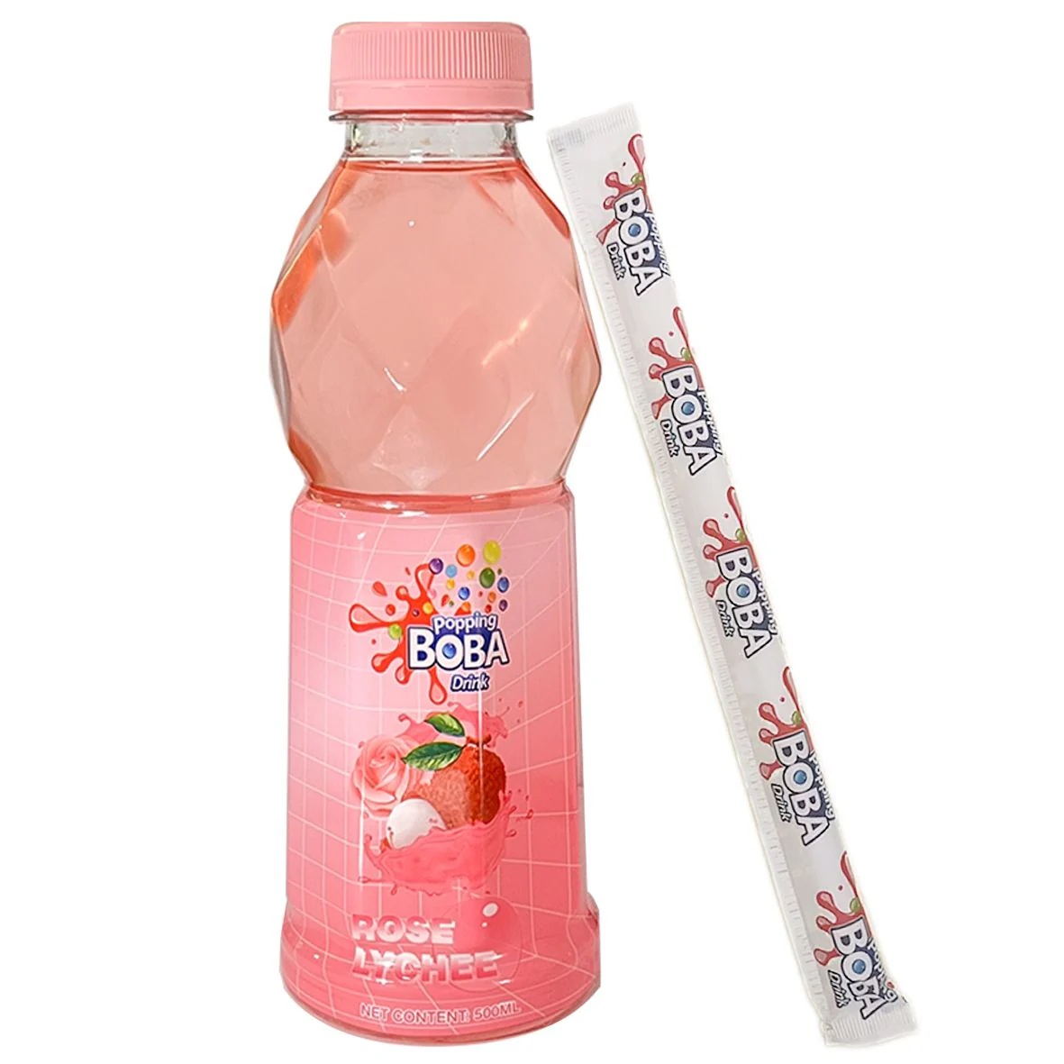 Popping Boba Rose Lychee Bottle With Straw 500ml