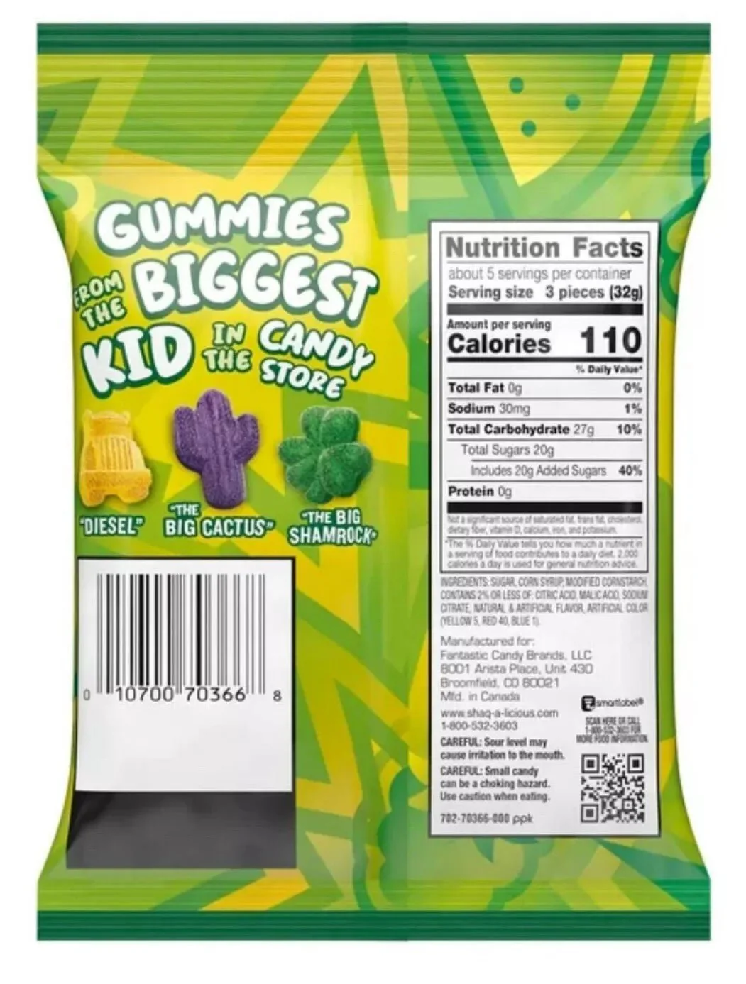 Shaq-A-Licious XL Gummies Sour Watermelon, Mixed Berry & Pineapple Peg Bag 175g - Image 2