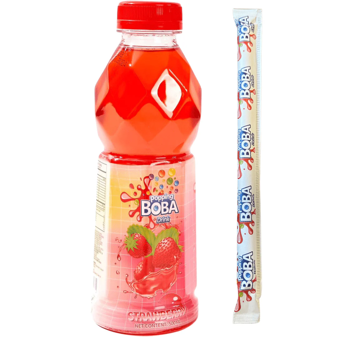Popping Boba Strawberry Drink Bottle With Straw 500ml